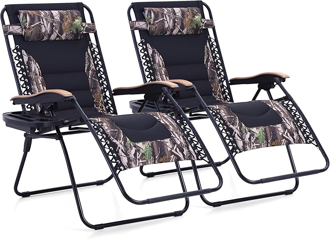 MAISON ARTS Oversized XXL Padded Zero Gravity Lawn Chairs Set of 2 Foldable Recliners Anti Gravity Lounge Chairs 30" Wide Seat Outdoor Camp Chairs for Poolside Yard,Support 400lbs, Camouflage