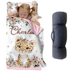 Custom Toddler Nap Mat for Preschool, Personalized Name Kids Sleeping Bag with Foral Leopard Design for Daycare, Roll Up Sleeping Mat with Removable Pillow and Soft Dot Minky Blanke for Girls Camping