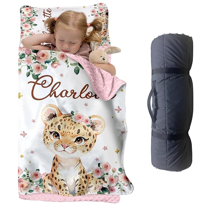 Custom Toddler Nap Mat for Preschool, Personalized Name Kids Sleeping Bag with Foral Leopard Design for Daycare, Roll Up Sleeping Mat with Removable Pillow and Soft Dot Minky Blanke for Girls Camping