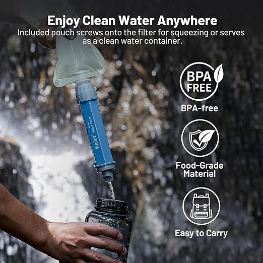 Squeeze Water Filtration System with Four 20-Oz Squeeze Pouches and 0.1 Micron Filter Straw, Portable Water Purifier Survival for Camping, Hiking, Backpacking and Emergency Preparedness