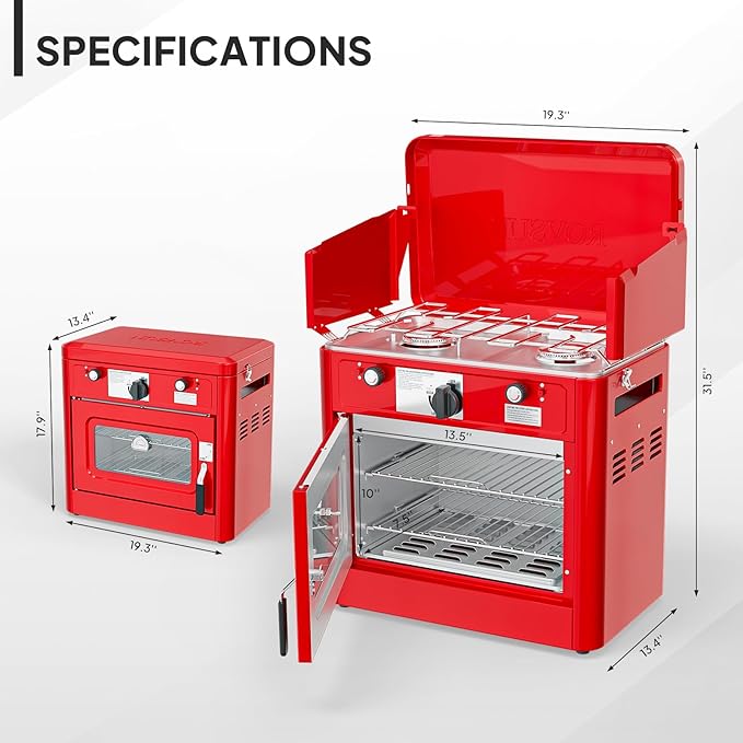 Bonnlo 2-in-1 Camping Oven & Portable Gas Stove Combo with 3-side Windscreen, Powerful 19,800 BTU Propane Oven with One-click Ignition, Heat-resistant Coating & Thermometer for Outdoor Use, Red