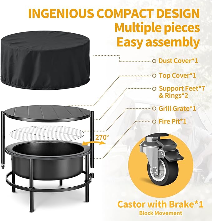 Fire Pits for Outside Wood Burning，3 in 1 Split Fire Pit with Rotating Table, Grill, Poker & Waterproof Cover, Portable Heavy Duty Steel Outdoor Firepit for Camping, Patio, Backyard