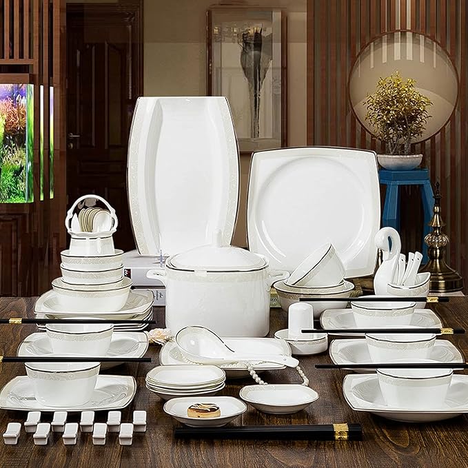 Milky White Porcelain Tableware Set Home Simplicity Combination Tableware Set of Bowls Dessert Plates Soup Plates Dinner Plates 70 Piece Set