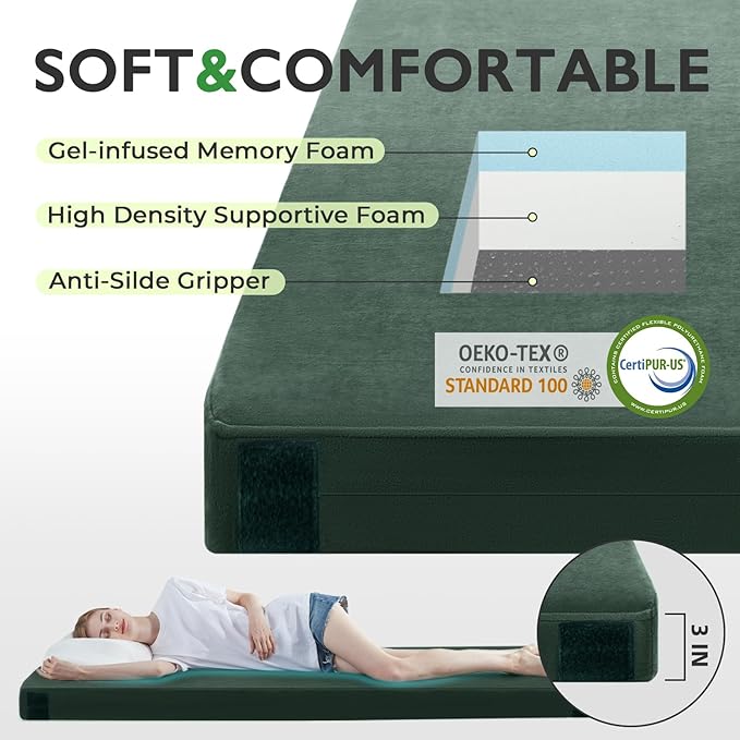 Kingfun 3 Inch CertiPUR-US Memory Foam Camping Mattress, Waterproof Roll up Sleeping Pad, Thick Floor Sleeping Mats for Tent with Removable Travel Bag