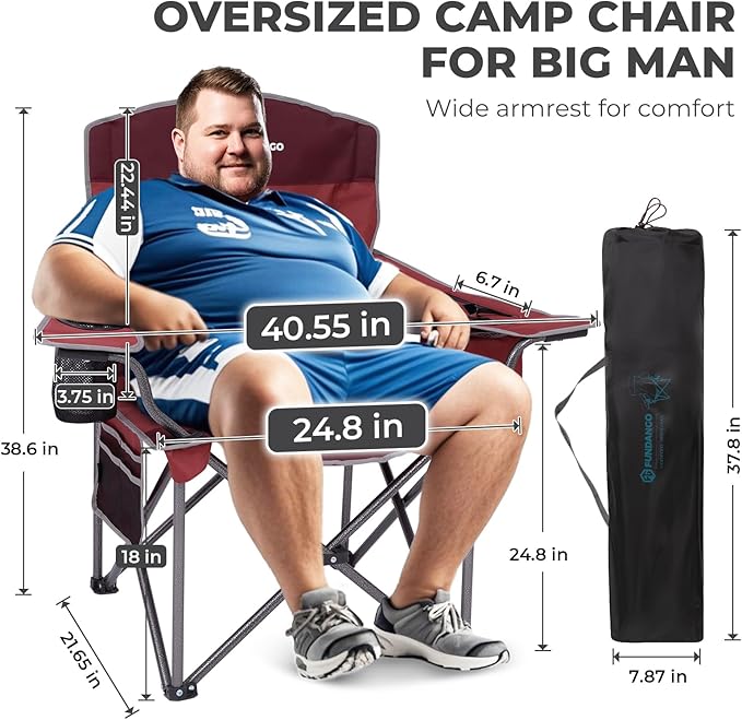 FUNDANGO Oversized Camping Chairs for Adults, Heavy Duty Fold Up Sports Games Lawn Chairs, Extra Wide Big Man Outdoor Chairs with Padded Lumbar Support Backrest, Bag Included for Camp, Beach, 2 Pack