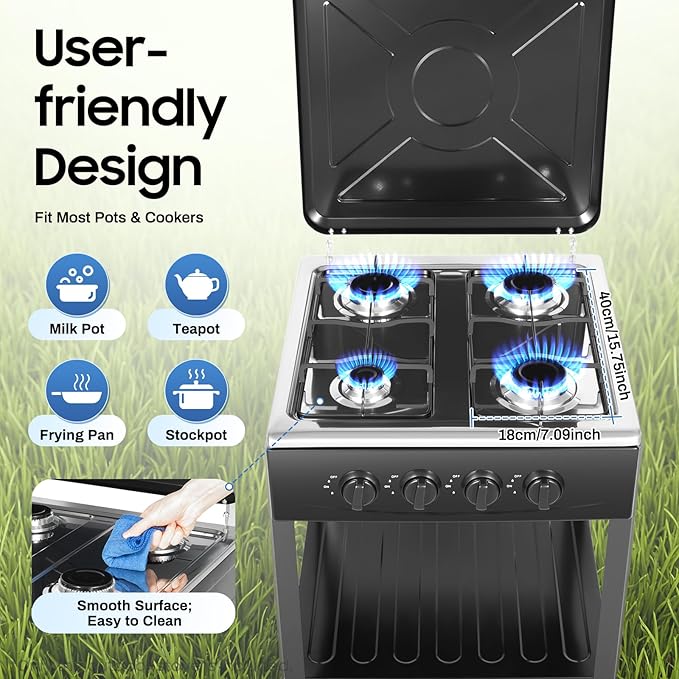 4 Burners Natural Gas Stoves, Portable Outdoor Stove with 2 Tier Storage Rack, Free Standing Grill Dual Natural Gas Cooker for Camping Picnic Home RV Cooking (Black-2)