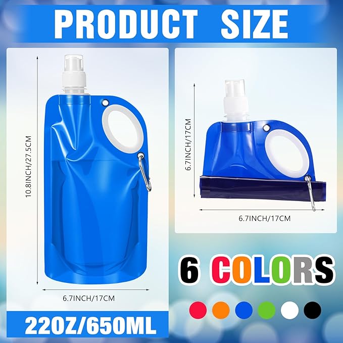 LemonRoad 22OZ Collapsible Water Bottles Bulk Foldable Water Bottles with Carabiner Reusable Drinking Bags Leak Proof Container Bag for Sports Biking Hiking Camping Outdoor Travel Emergency (24pcs)