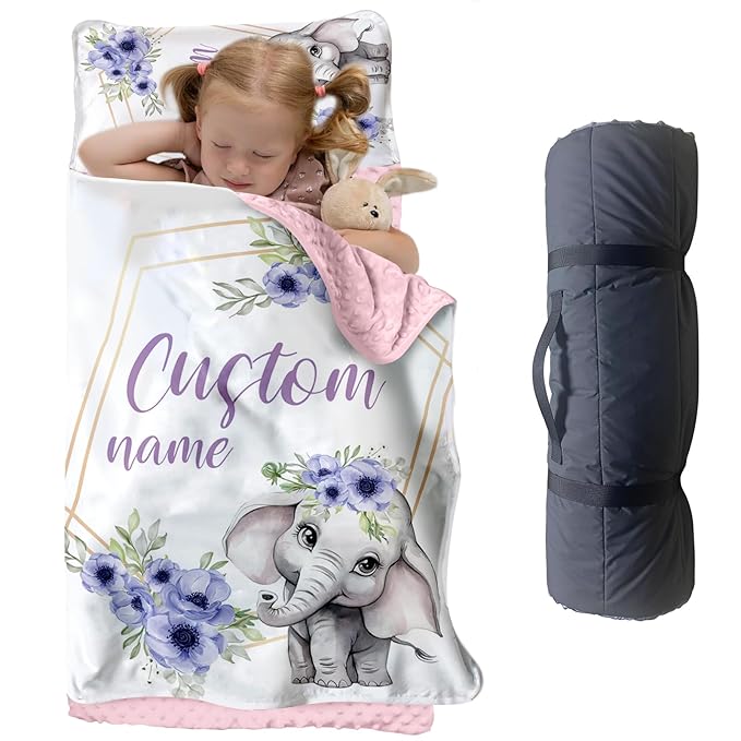 Custom Toddler Nap Mat for Preschool, Personalized Name Kids Sleeping Bag with Purple Elephant for Daycare, Roll Up Sleeping Mat with Removable Pillow and Soft Dot Minky Blanke for Girls Camping