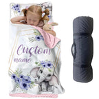 Custom Toddler Nap Mat for Preschool, Personalized Name Kids Sleeping Bag with Purple Elephant for Daycare, Roll Up Sleeping Mat with Removable Pillow and Soft Dot Minky Blanke for Girls Camping