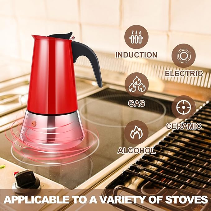4 Cup Stovetop Espresso Maker Stainless Steel Moka Pot Stove Top Percolator Italian Coffee Makers Capable Mocha Greca Machine Cafe Classic Induction Cookers for Home and Camping 200ml 6.6oz