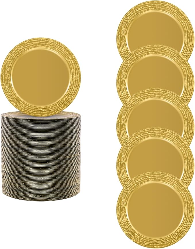 100 PCS Antique Charger Plates Bulk, 13'' Plastic Embossed Dinner Plate Chargers Round Floral Plates for Wedding Decorative Chargers for Table Dinner Kitchen Party Decoration (Golden)