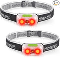 500 Lumen Rechargeable Headlamp (2 Pack), 5 Modes with Red Light Head Lamp, IP54 Water-Resistant Adjustable Strap Head Light for Adult Running, Camping, Cycling-White