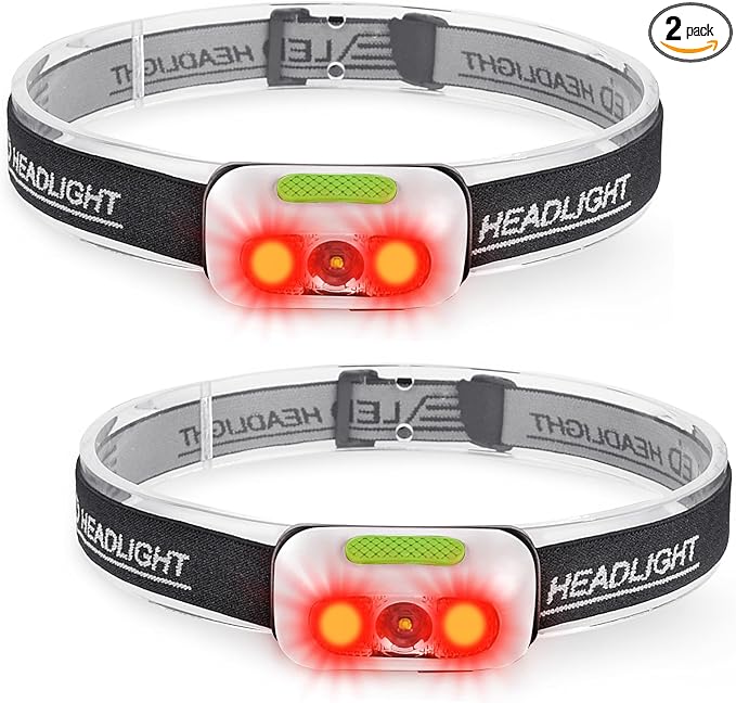 500 Lumen Rechargeable Headlamp (2 Pack), 5 Modes with Red Light Head Lamp, IP54 Water-Resistant Adjustable Strap Head Light for Adult Running, Camping, Cycling-White