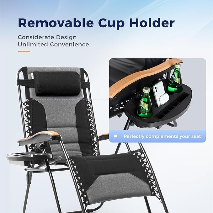 MAISON ARTS Oversized XXL Padded Zero Gravity Chair Set of 2, 30" Wide Seat Foldable Patio Recliner, Anti Gravity Outdoor Lawn Chair with Cup Holder & Pillow, Supports 400lbs, Black & Grey