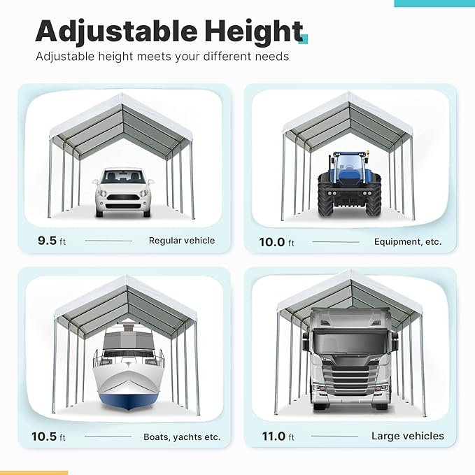 ADVANCE OUTDOOR 10x20 ft Heavy Duty Carport Potable Car Canopy Garage Party Tent Boat Shelter, Adjustable Height from 9.5 ft to 11 ft, White