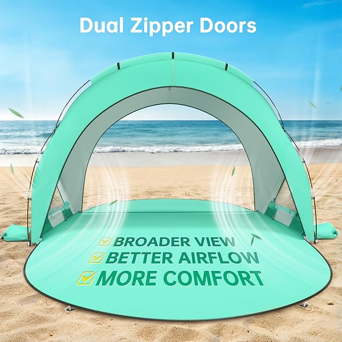 Beach Tent Sun Shelter, Sun Shelter for 1-3 Person, Beach Shade Tent, Beaches Shade with 2 Zippered Doors, Portable Tents for Camping Fishing, Green