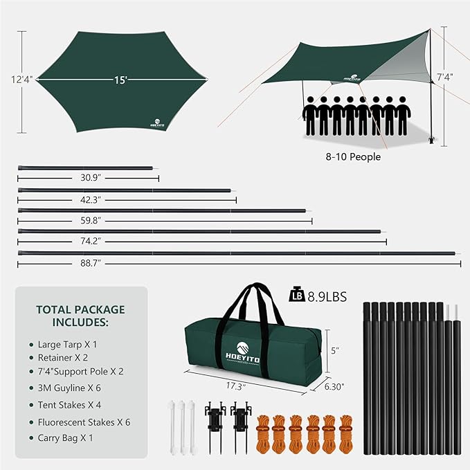 Camping Tarp with Poles & Retainer, 15x12.5FT Waterproof Canopy, 210D Oxford UPF100+ UV Sunshade Shelter, Portable Car Awning for Camping, Picnic, Hammock, Backpacking, Outdoor & Beach (Green)