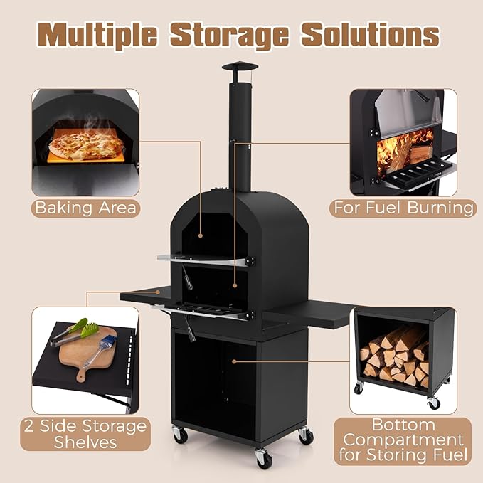 LDAILY Outdoor Pizza Oven, Wood Fired Pizza Maker with Side Shelves, Cooking Grids, Cover, Pizza Stone & Peel, Patio Portable Pizza Stove for Backyard, Camping & Party, Black