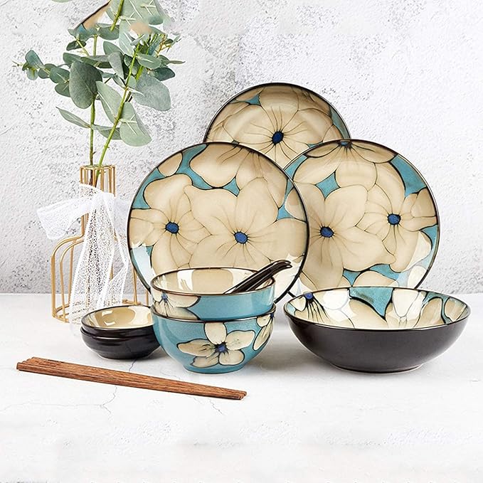 Porcelain Dinnerware SetHand-Painted Dinnerware Set Blue Rice Bowl Soup Bowl Dinner Plate Fish Plate Combination Ceramic Household Service for 2, Tableware Gift