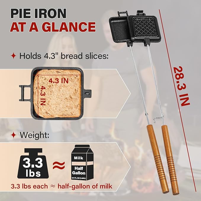Mountain Pie Maker Cast Iron – Campfire Pie Iron, Hobo Pie Maker for Camping, 2-Pack