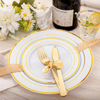 bUCLA 600Pcs White and Gold Plastic Plates - Gold Disposable Dinnerware Set for 100 Guests Include 100 Dinner & 100 Dessert Plates, 100 Cups, 100 Forks, 100 Spoons, 100 Knives for Party