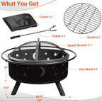 32 Inch Fire Pit Outdoor Fireplace, 2 in 1 Metal Round Firepit for Outside Bonfire Party, BBQ, Camping, Backyard, Patio, Garden, Picnic w/Fire Poker, Spark Screen, Grate, Cover (Moon&Star)