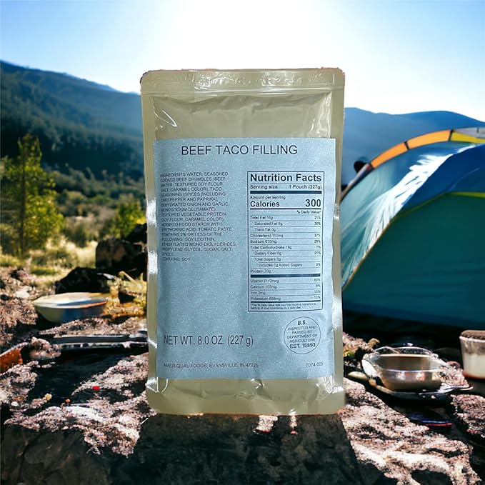 MRE (Meal-Ready-to-Eat) | Single Serving Entree | Emergency Meals | Survival Food | Fresh Dates | Long Shelf Life | Made in USA (12-Pack, Beef Taco Filling)