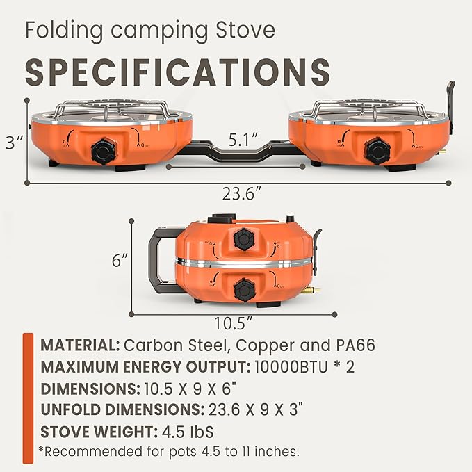 20,000 BTUs 2 Burner Propane Camping Stove, Portable Folding Camp Stove with Adjustable Burners, Regulator and Carrying Bag, Dual Gas Stoves Easy Carrying Handle for Tailgating, Camping, BBQ