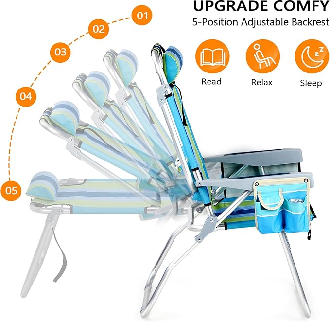 VINGLI Tall Beach Chair 1 Pack, with 5-Position, Cooler Bag, Cup Holders, Towel Bar, Lightweight Folding Beach Camping Chairs for Adults