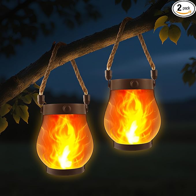 Solar Lanterns Outdoor Waterproof - 2 Pack Flickering Flame Hanging Lights with 2 Modes & Solar USB Dual Charging for Outside Yard Garden Patio Porch Pathway Tabletop Holiday Decor