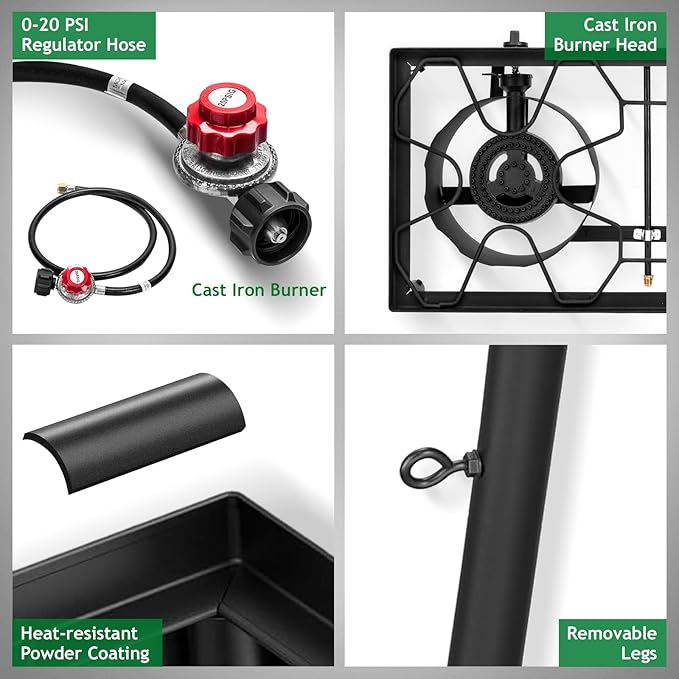 Outvita 3 Burner Propane Gas Stove for Outdoor Cooking, 225,000 BTU Camping Cooker with Removable Legs, Temperature Control Knobs for Backyard Cooking, BBQ, Baking and Frying