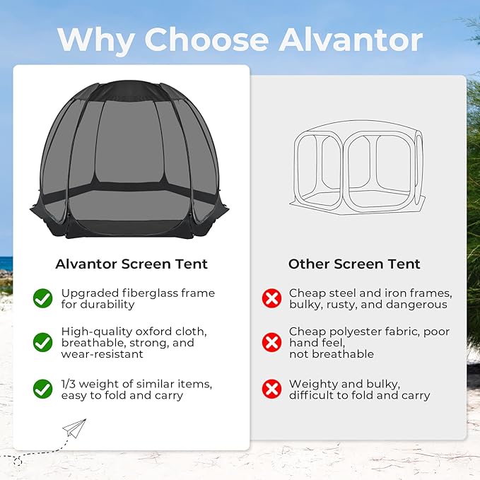 Alvantor Pop Up Screen House Gazebo with Mosquito Netting, Instant UV Resistant Sun Shelter for Patio & Backyard, Portable Canopy Tent for 2-10 Person