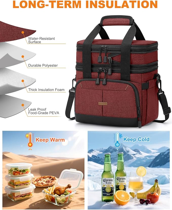 Lunch Box For Men Women Double Deck Insulated Lunch Bag For Men Woman Leakproof Expandable Cooler Bag with Adjustable Shoulder Strap for Work Shool Picnic(Wine Red,Medium)