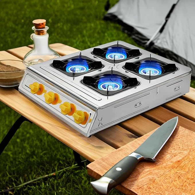 Vivicreate 4 Burner Propane Gas Stove 40000 BTU Stainless Steel Cooktop with Enamel Pan Support Electronic Ignition for Camping Outdoor Cooking BBQ Fogón de Estufa de Gas Portátil