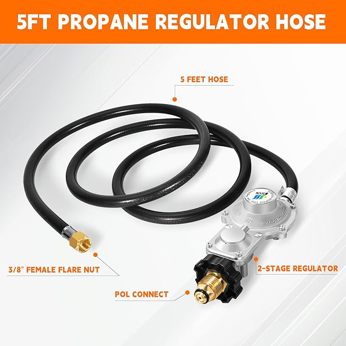 GasSaf 5FT 2 Stage Propane Regulator with Hose, Dual-Stage Propane Regulator for RV, Generator, Camp Stove, Gas Grill, and Heater - CSA Certified