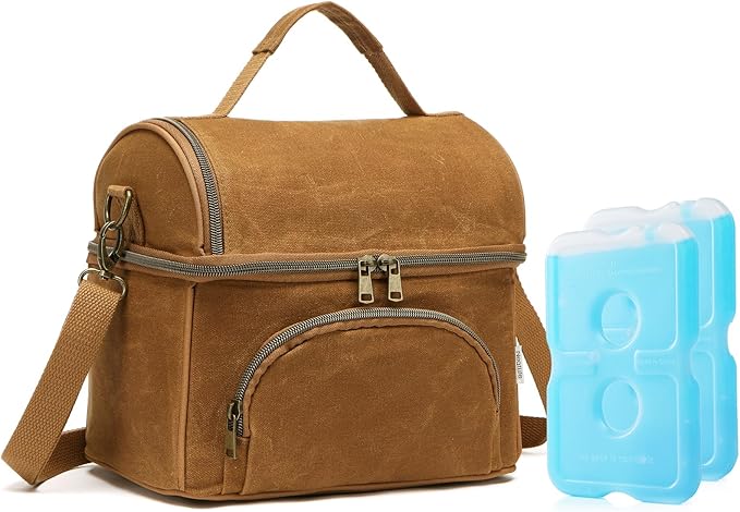 Lunch Box For Men with 2 XL icepacks,Sturdy Waxed Canvas Lunch Bag for Men,Soft adult Cooler Bag for Construction Sites,Work,Picnic and Hiking12-Can(10.5L) 10"x9.5"x7" (Biscuit Yellow)