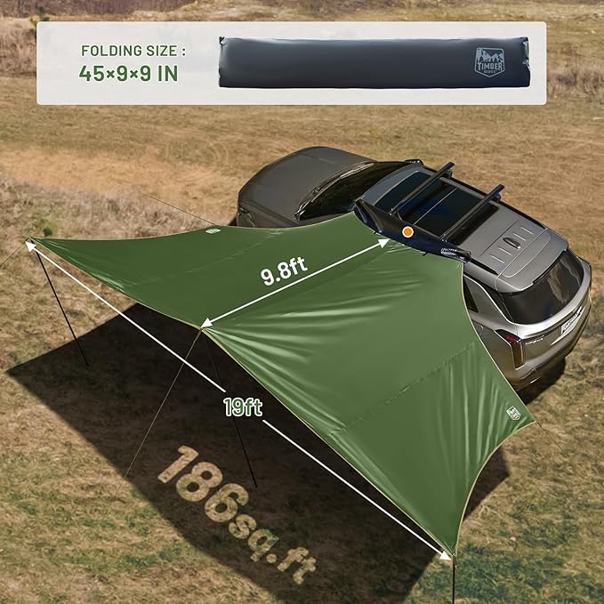 TIMBER RIDGE 19x9.8ft Retractable Car Awning with Blackout Coating, 186ft² Roof Rack Pull-Out Sun Shade Overland Camping, UPF50+ Waterproof Sun Shelter for Vehicle/Truck/Jeep/SUV/Van Green