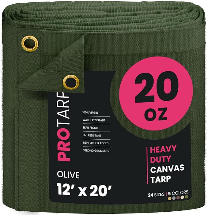 PROTARP Extreme Heavy Duty 20 OZ Water Resistant Canvas Tarp, UV Resistant Tarpaulin Cover with Rustproof Brass Grommets, Multipurpose for Canopy, Roof, Camping, Woodpile (Olive 12'X20')