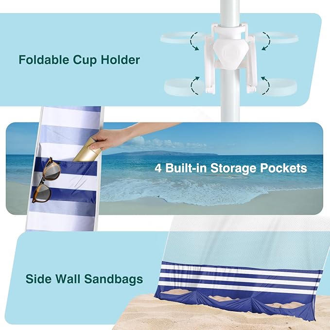 Rhino Valley Beach Cabana, 8 * 8FT Beach Tent UPF50+ Protection, Easy Setup Beach Canopy Wind Resistant with Cup Holder, Compact Beach Shade Foldable Beach Tent Sun Shelter, Blue Stripes