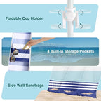 Rhino Valley Beach Cabana, 8 * 8FT Beach Tent UPF50+ Protection, Easy Setup Beach Canopy Wind Resistant with Cup Holder, Compact Beach Shade Foldable Beach Tent Sun Shelter, Blue Stripes