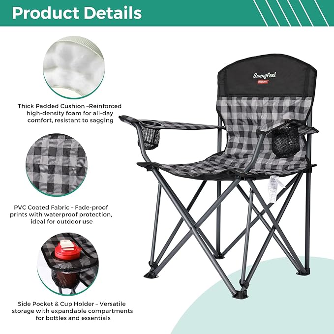 SUNNYFEEL Oversized Folding Camping Chair 800 LBS Heavy Duty for Big Tall People Red Padded Portable Collapsible Chairs with Armrest Cup Holder & Pocket for Outdoor Travel Picnic Camp Sports