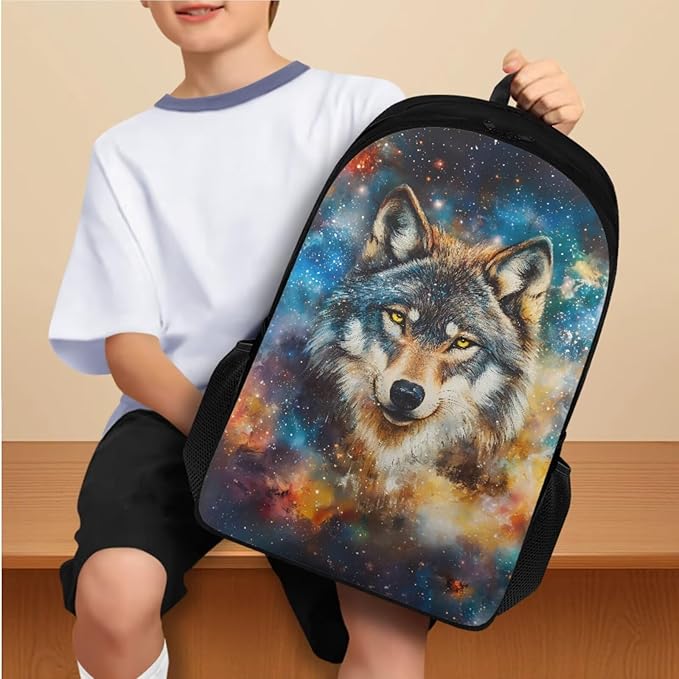 Cool Wolf Backpack for School Boys Back to School, 3rd Grade Backpack for Boys Back Pack 4 Piece Set Lunch Box Art Water Bottle Holder Pencil Case for Class Activity