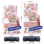 Custom Toddler Nap Mat for Preschool, Personalized Name Pink Kids Sleeping Bag with Bear for Daycare, Roll Up Sleeping Mat with Removable Pillow and Soft Dot Minky Blanke for Girls Camping