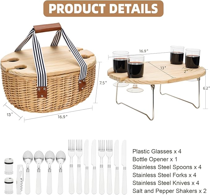 STBoo Picnic Basket for 4, Insulated Wicker Hamper with Folding Table, Willow Picnic Baskets Set with Large Insulated Cooler Bag for Camping Outdoor (Stripe)