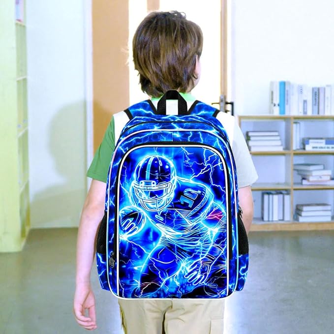 17" Football Backpack for Boy, 3Pcs Lightning Bookbag for Elementary Preschool Kindergarten, Kids School Backpacks with Lunch Box (Blue)