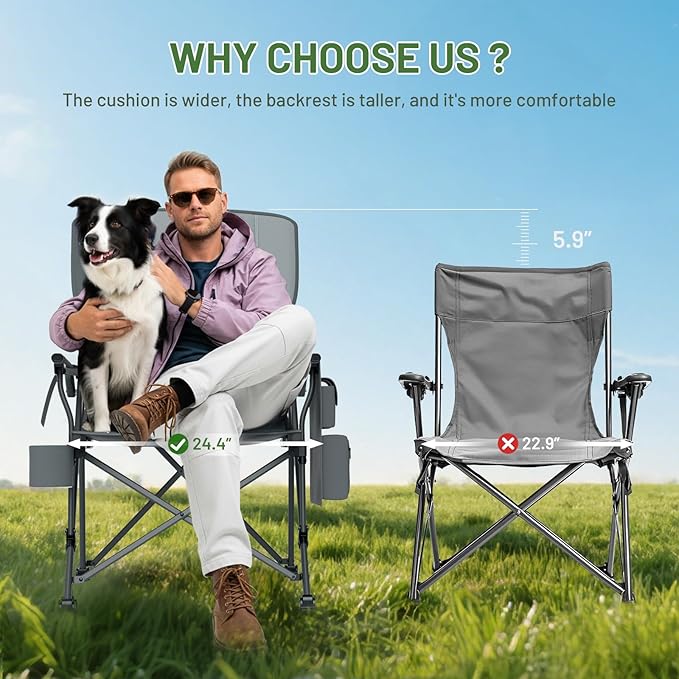 Timber Ridge Oversized Folding Camping Chair with Lumbar Support Adjustable High Back Heavy Duty for Adults Support up to 500lbs with Cup Holder, Cooler Bag, Side Pocket, Grey