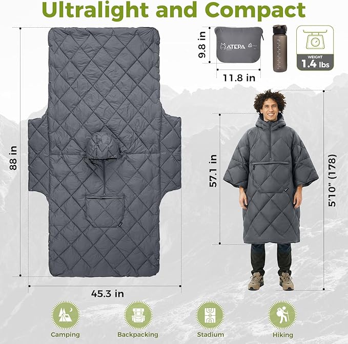 ATEPA Wearable Sleeping Bag, Recycled Warm Winter Camping Blanket Wearable Poncho for Outdoor, Stadium Sports Women Men