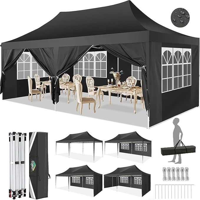 COBIZI 10x20 Pop Up Canopy Tent with Sidewalls, Outdoor Party Tent, Waterproof & UV50+, 3 Adjustable Heights, Higher Frame Design for Parties Backyard, Weddings, Markets, Black