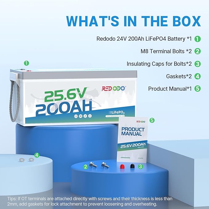 Redodo 24V 200Ah LiFePO4 Battery with 200A BMS for Group 8D Lithium Battery, Max. 5120Wh Energy, 4000-15000 Deep Cycles & 10-Year Lifetime, Solar System Back-up Power, RV, Trolling Motor etc