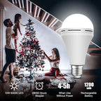 Neporal Rechargeable Light Bulbs Battery Operated Powered Backup Light Bulb, 15W 80W Equivalent 6000K 1200mAh, Emergency Light Bulb for Lamp Camping Works Even Power Outage -2 Packs + 2 Portable Hooks